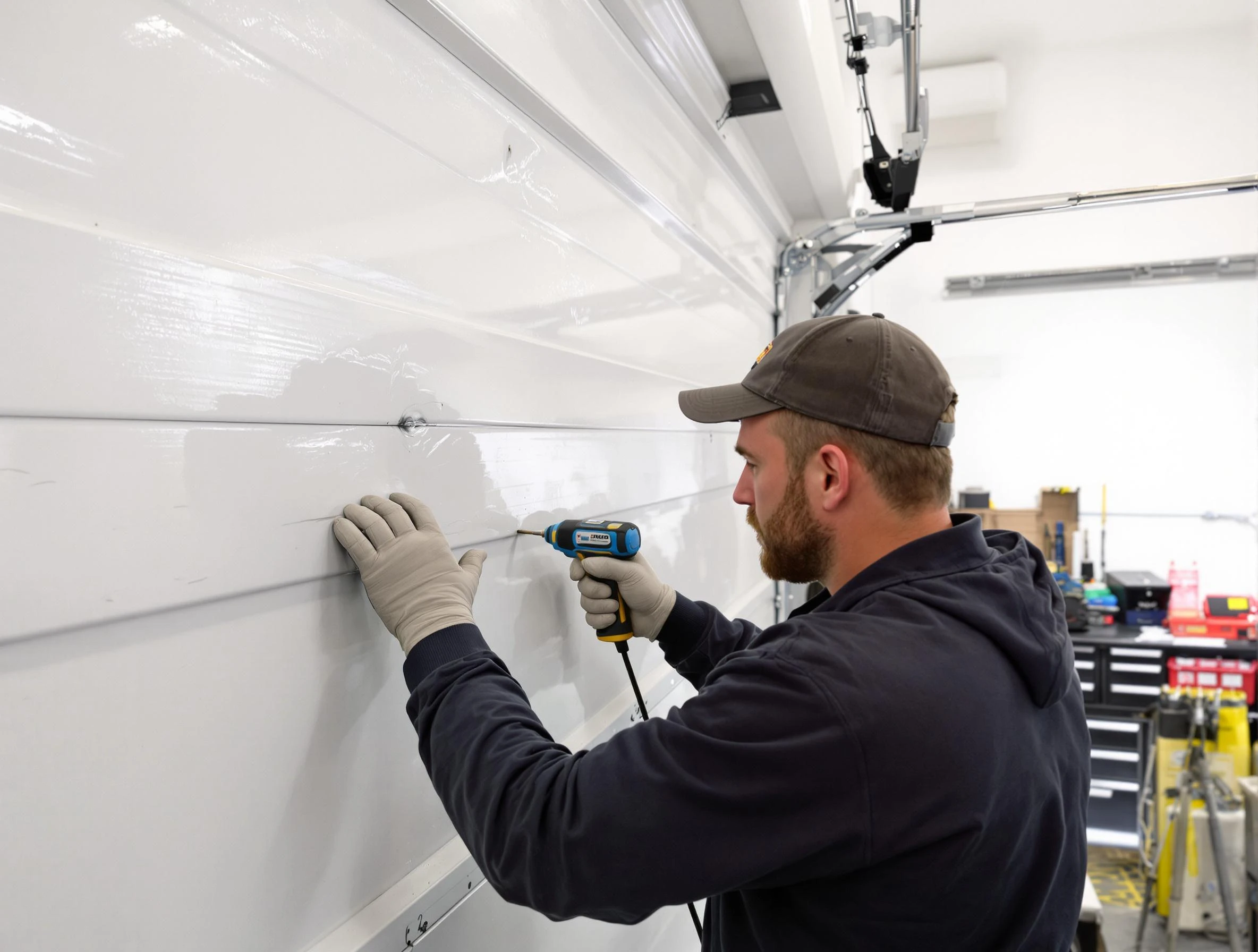Shackle Island Garage Door Repair technician demonstrating precision dent removal techniques on a Shackle Island garage door